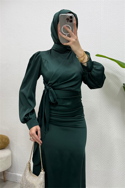 Roya Model Yandan Bağlamalı Saten Abiye-Zümrüt