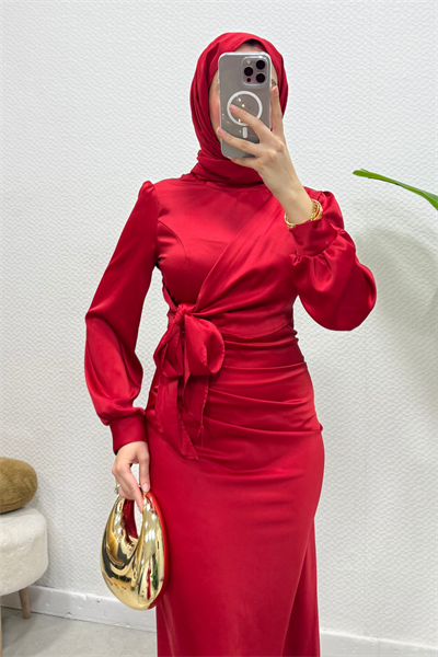 Roya Model Yandan Bağlamalı Saten Abiye-Kırmızı