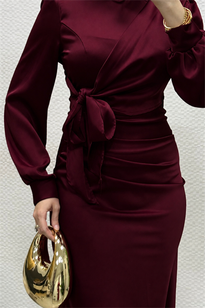 Roya Model Yandan Bağlamalı Saten Abiye-Bordo