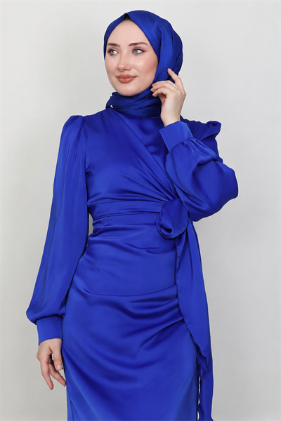 Roya Model Yandan Bağlamalı Saten Abiye-Saks Mavi