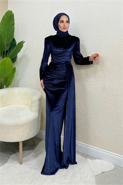Selis Balık Model Kadife Kumaş Tesettür Abiye- Lacivert