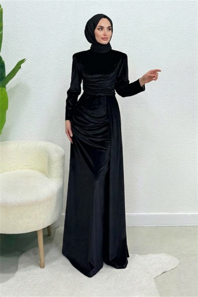 Selis Balık Model Kadife Kumaş Tesettür Abiye- Siyah