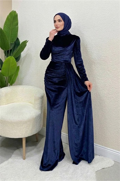 Selis Balık Model Kadife Kumaş Tesettür Abiye- Lacivert