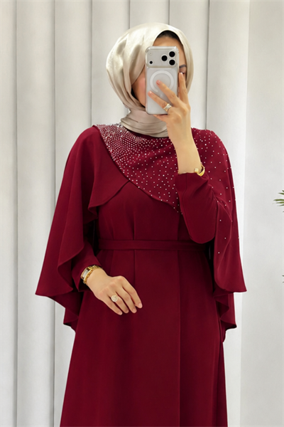 Velisa Taş Detaylı Krep Kumaş Tesettür Abiye- Bordo
