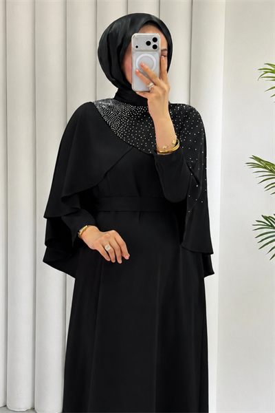 Velisa Taş Detaylı Krep Kumaş Tesettür Abiye- Siyah