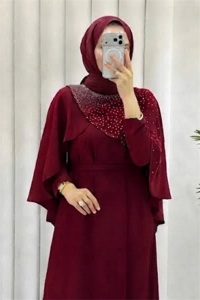 Velisa Taş Detaylı Krep Kumaş Tesettür Abiye- Bordo
