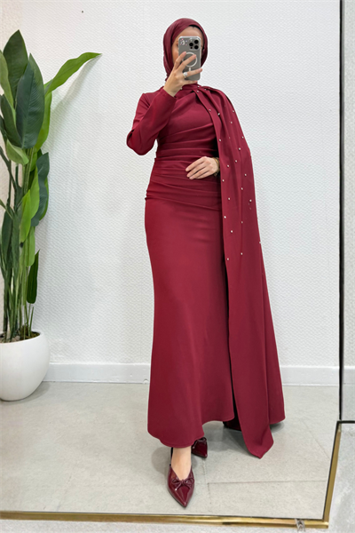 Yade Krep Kumaş Pelerinli Taşlı Tesettür Abiye- Bordo
