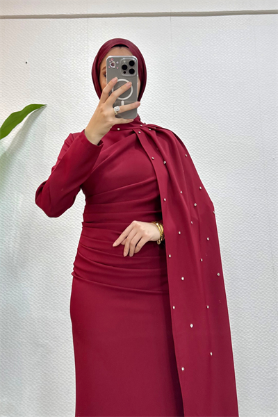 Yade Krep Kumaş Pelerinli Taşlı Tesettür Abiye- Bordo