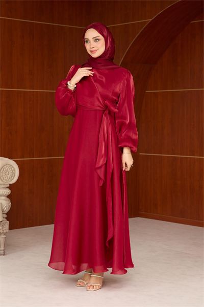 Yandan Bağlamalı Janjan Tesettür Abiye- Bordo