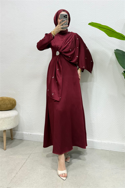Zahide Taşlı Broşlu Beg Saten Kumaş Tesettür Abiye- Bordo