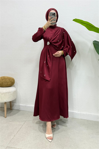 Zahide Taşlı Broşlu Beg Saten Kumaş Tesettür Abiye- Bordo