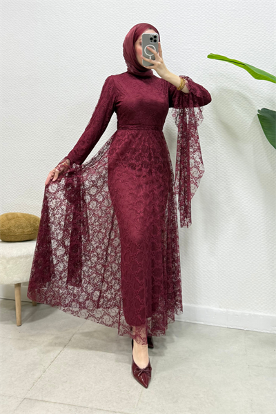 Zelal Kuşaklı Dantel Tesettür Abiye- Bordo