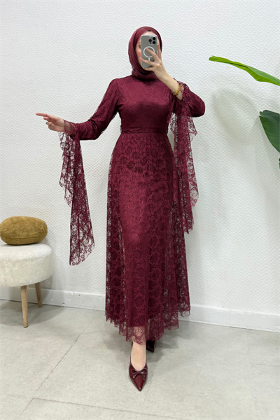 Zelal Kuşaklı Dantel Tesettür Abiye- Bordo