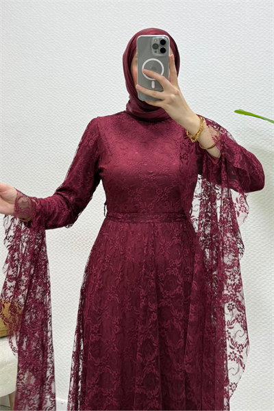 Zelal Kuşaklı Dantel Tesettür Abiye- Bordo