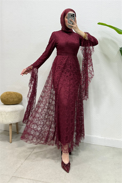 Zelal Kuşaklı Dantel Tesettür Abiye- Bordo