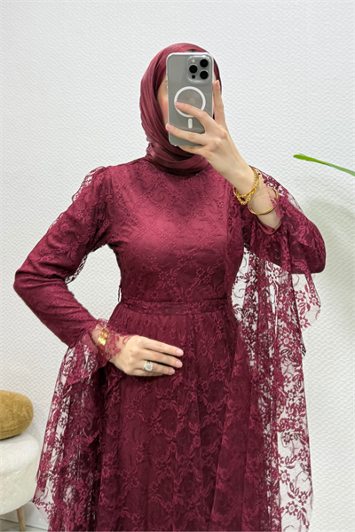 Zelal Kuşaklı Dantel Tesettür Abiye- Bordo