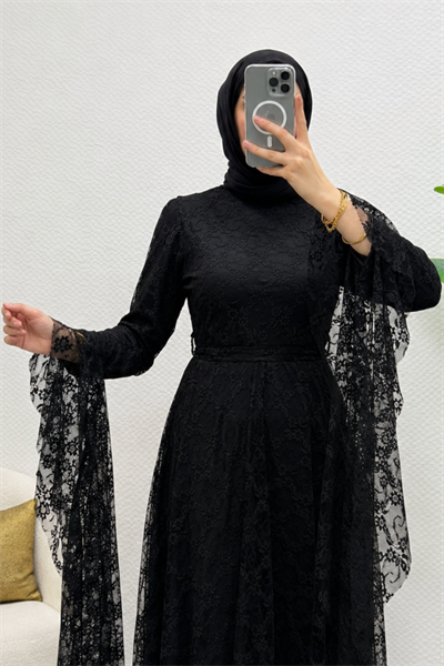 Zelal Kuşaklı Dantel Tesettür Abiye- Siyah