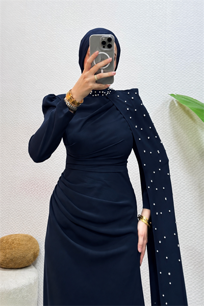 Zerina Taşlı Pelerinli Krep Kumaş Tesettür Abiye- Lacivert
