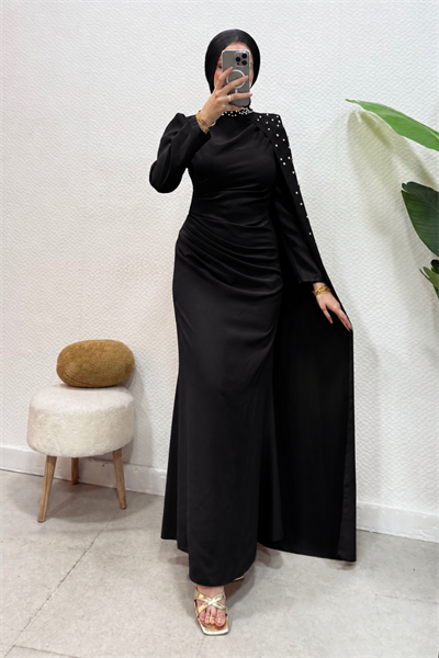 Zerina Taşlı Pelerinli Krep Kumaş Tesettür Abiye- Siyah