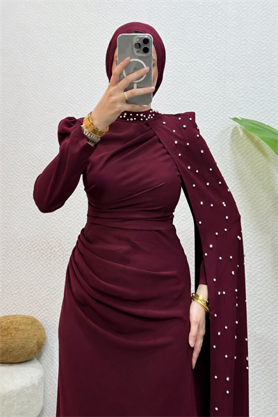 Zerina Taşlı Pelerinli Krep Kumaş Tesettür Abiye- Bordo