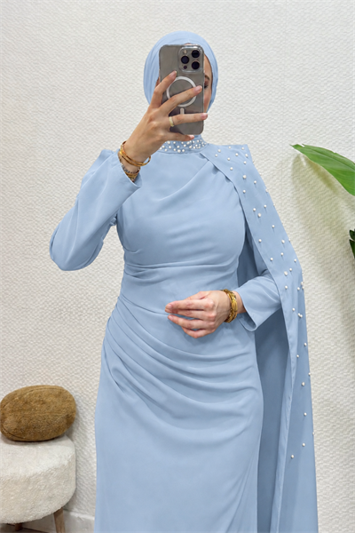 Zerina Taşlı Pelerinli Krep Kumaş Tesettür Abiye- Bebe Mavisi