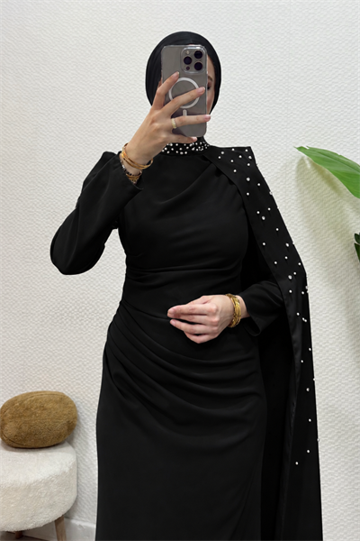 Zerina Taşlı Pelerinli Krep Kumaş Tesettür Abiye- Siyah