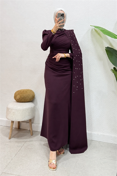 Zerina Taşlı Pelerinli Krep Kumaş Tesettür Abiye- Mürdüm