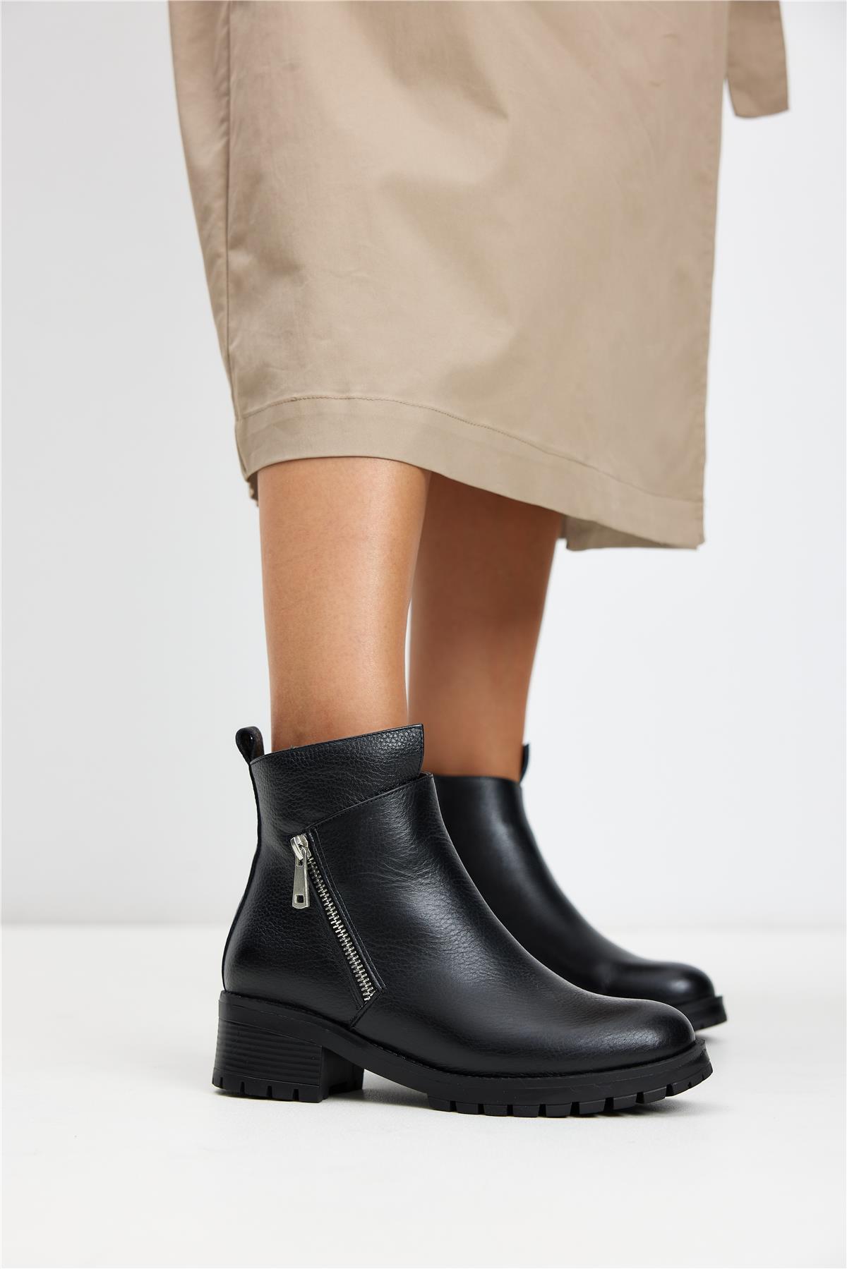 Enos Kadın Günlük Hakiki Deri Bot Siyah Deri