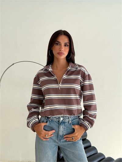 Çizgili Fermuar Yaka Sweatshirt - Kahverengi