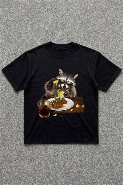 Çiğ köfte Yiyen Cool Rakun Siyah Unisex T-Shirt