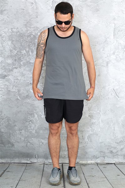 Erkek füme gri %100 slim fit pamuk penye halter yaka sporcu atlet