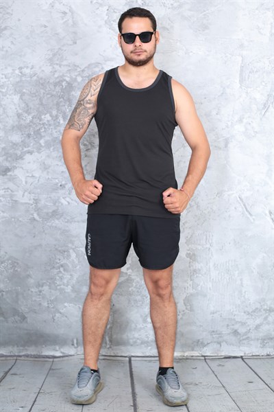 Erkek siyah %100 slim fit pamuk penye halter yaka sporcu atlet