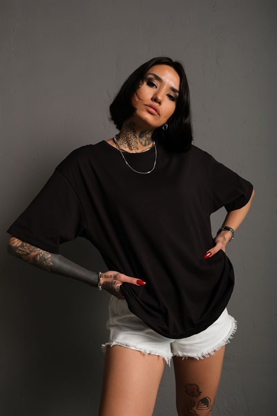Oversize Siyah Baskısız Unisex Tişört