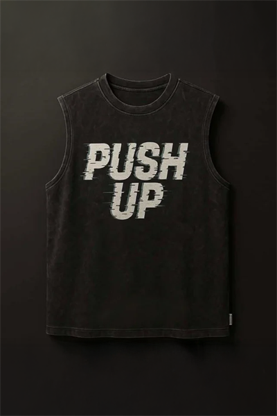 Siyah Erkek Pamuklu Antrenman Sporcu Atleti Oversize Yıkamalı Push Up Baskılı Kolsuz T-Shirt