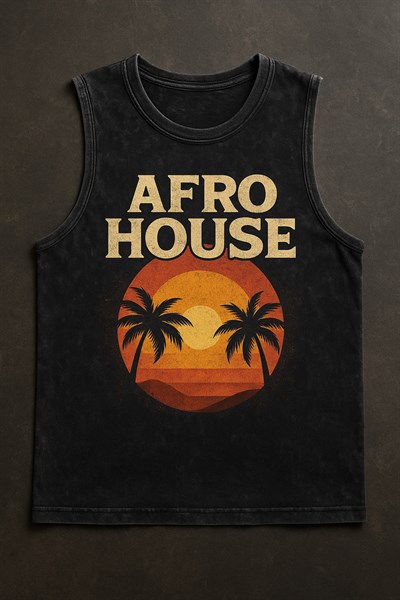 Siyah Erkek Pamuklu Vintage Sporcu Atleti Oversize Yıkamalı Afro House Baskılı Kolsuz T-Shirt