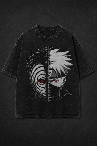 Siyah Yıkamalı Anime Naruto Kakashi ve Obito Unisex T-Shirt