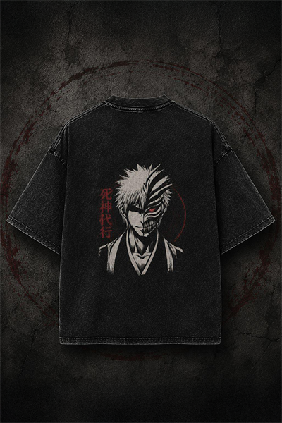 Siyah Yıkamalı Bleach Anime Ichigo Hollow Mask Unisex T-Shirt