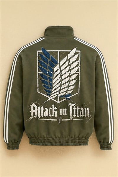 Anime Attack on Titan Haki Yeşil Unisex Kolej Ceket Şeritli Kalın 3 İplik Şardonlu Premium Ceket - Üretim Aşamasında