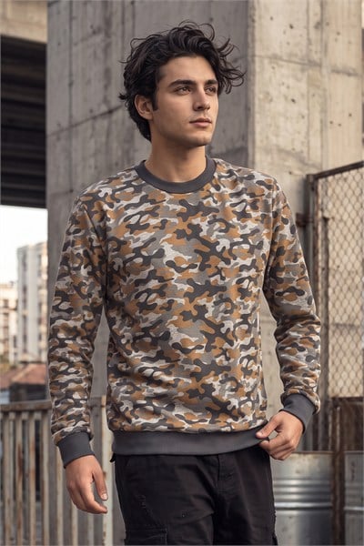 Erkek Kahverengi Bej Gri Kamuflaj Desenli Bisiklet Yaka Uzun Kollu 2 İplik Sweatshirt - Hırka & Sweatshirt