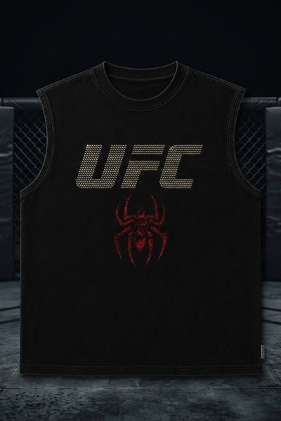 Siyah Erkek Pamuklu Antreman Sporcu Atleti Oversize Ufc spider  Taş Baskılı Kolsuz T-shirt - T-Shirt