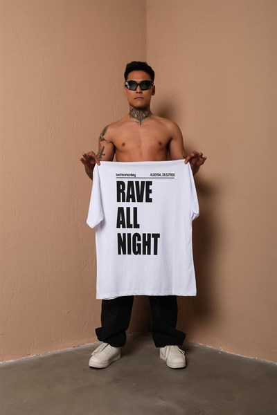 Unisex Beyaz Oversize Rave All Night Baskılı Techno Tişört