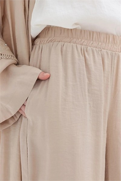 Beli Lastikli Cepli Havuç Paça  Pantolon - Bej
