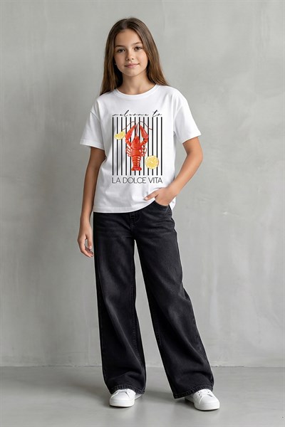 Kız Çocuk Baskılı Oversize Basic Tişört Beyaz 9-14 Yaş