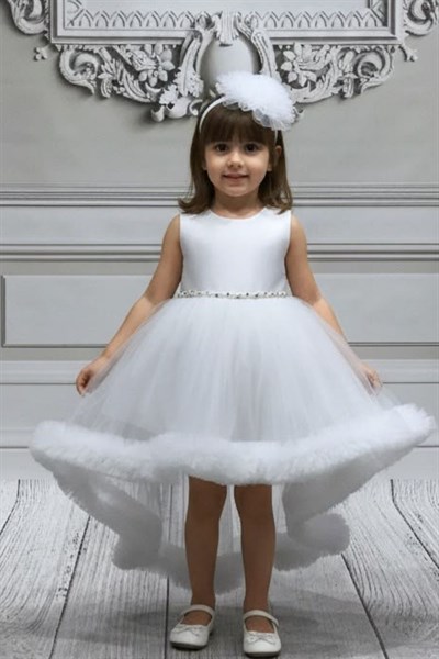 Kız Çocuk Tüylü Asimetrik Tül Abiye Elbise - Beyaz