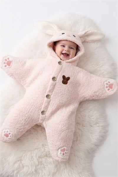 Tavşan Kulaklı Kapüşonlu Peluş Bebek Tulumu - Pembe