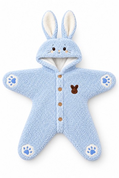 Tavşan Kulaklı Kapüşonlu Peluş Bebek Tulumu - Mavi