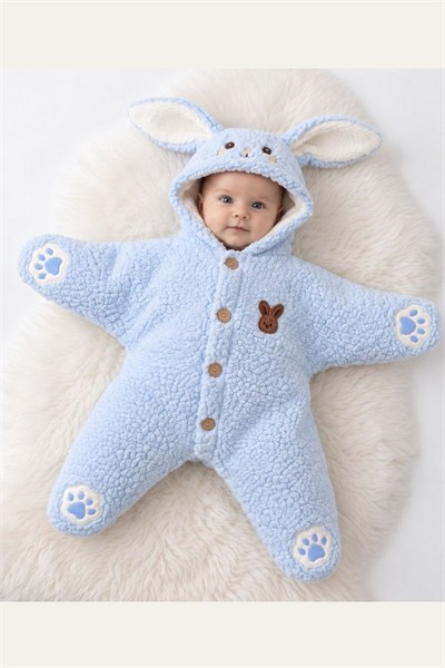 Tavşan Kulaklı Kapüşonlu Peluş Bebek Tulumu - Mavi