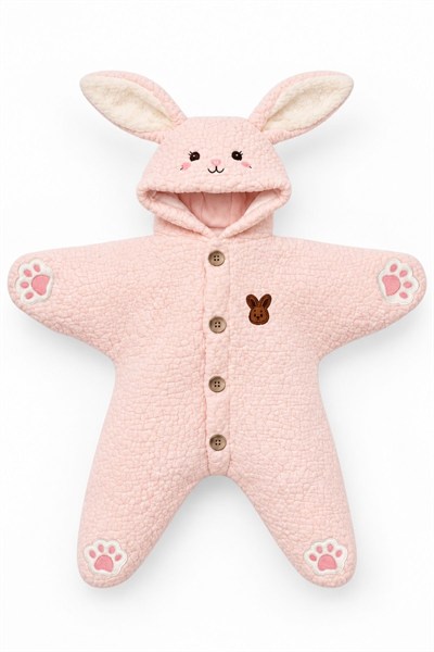 Tavşan Kulaklı Kapüşonlu Peluş Bebek Tulumu - Pembe