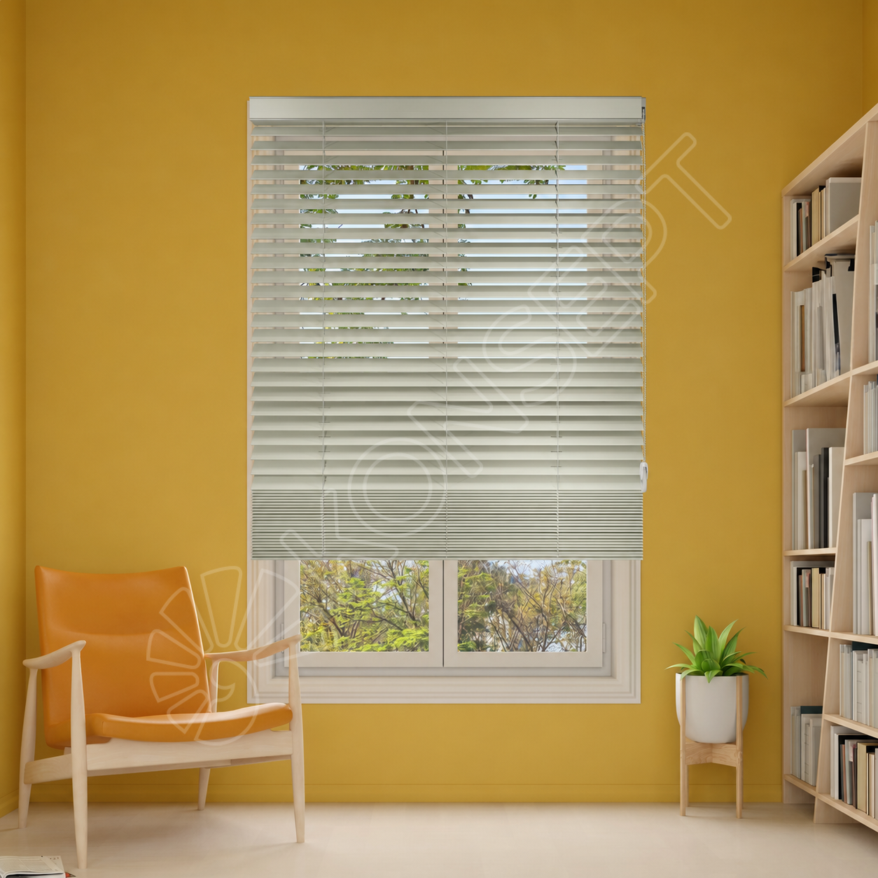 REDÜKTÖRLÜ / Zincirli Ahşap Jaluzi Perde 50 mm %100 Orjinal Ahşap KREM Renk
