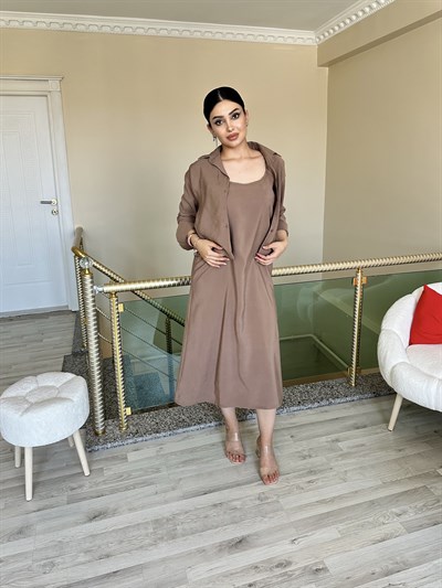 Kahverengi İp Askılı Elbise Gömlek İkili  